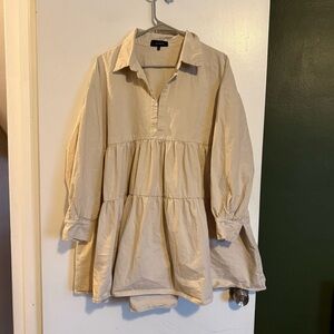 En saison beige tiered poplin collared long sleeve mini dress size large